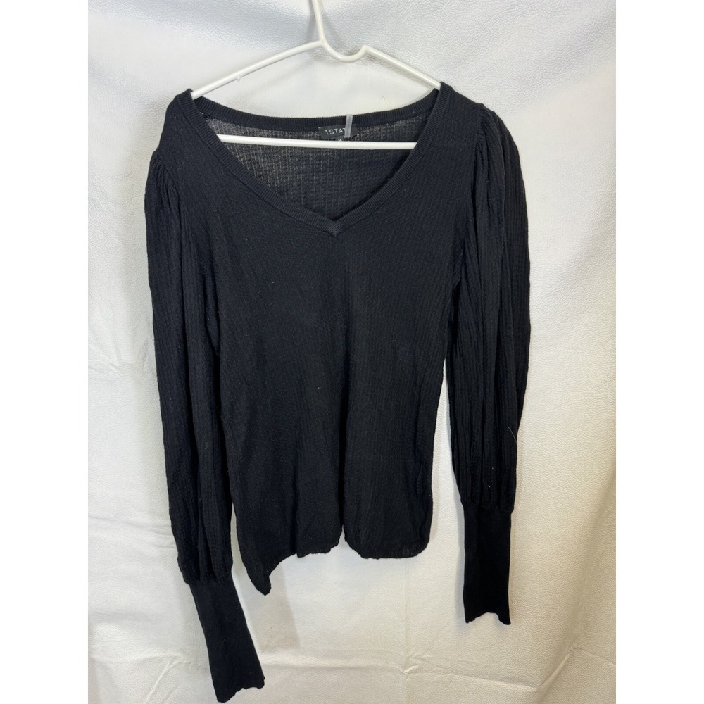 One State Women's Waffle Long Puff Sleeve Top in Black Round Neck Size Medium
